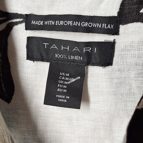 Tahari 100% linen long sleeve black and white tropical palm leaf button up top - Picture 3 of 5